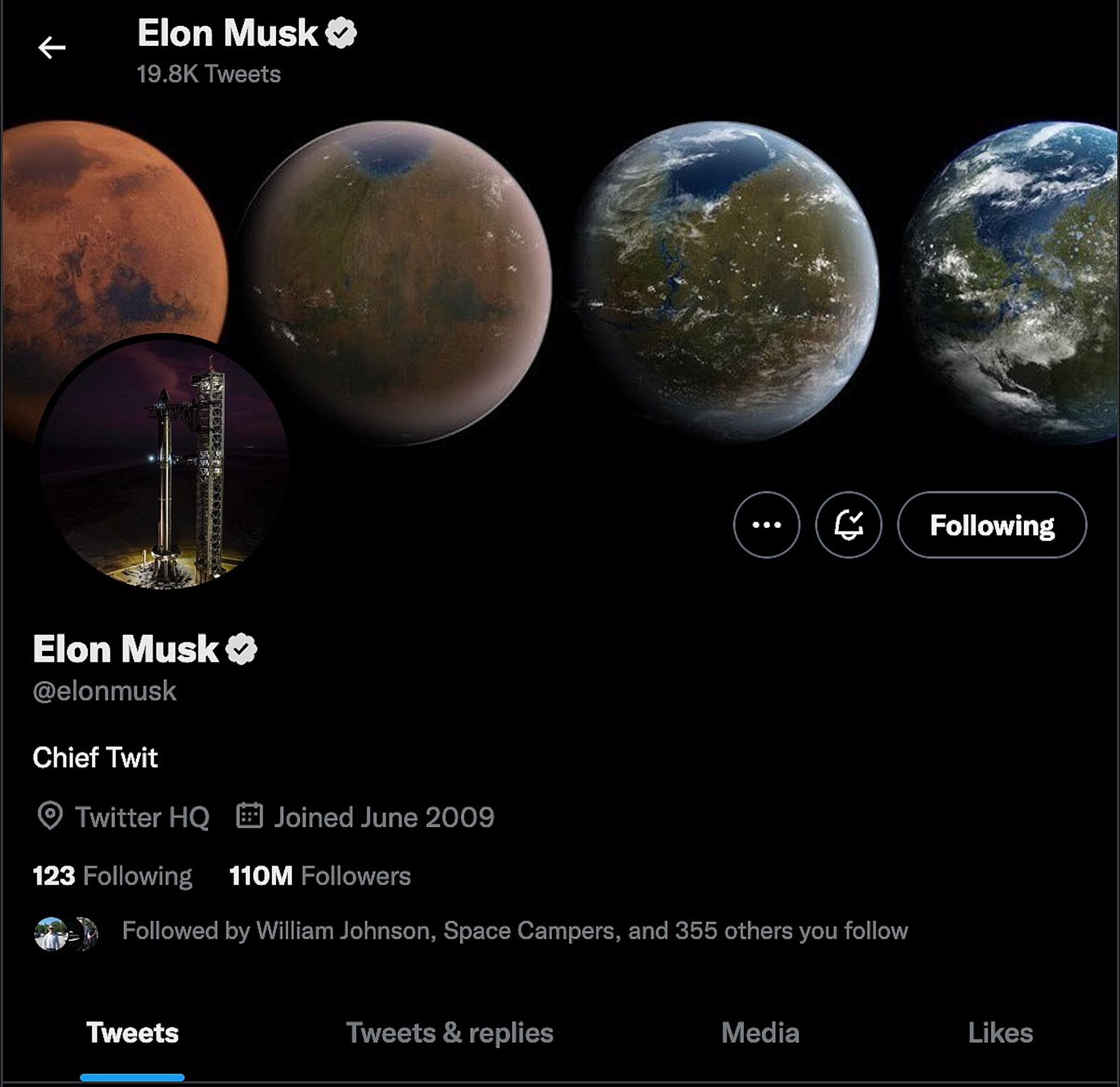 Tài khoản Twitter của Elon Musk ngay sau khi tiếp quản Twitter