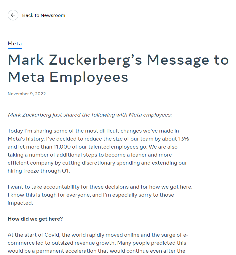 Tâm thư của Mark Zuckerberg trong đợt cắt giảm nhân sự lần này