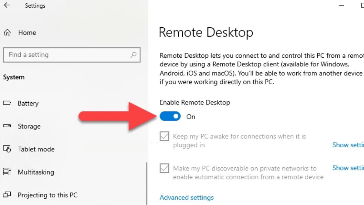 On Enable Remote Desktop