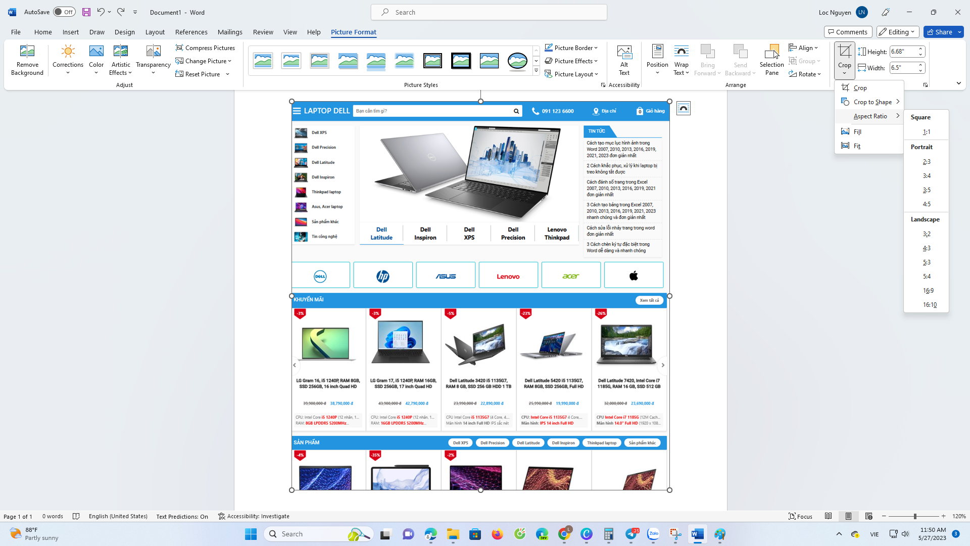 Chọn Aspect Ratio và chọn kích thước mong muốn