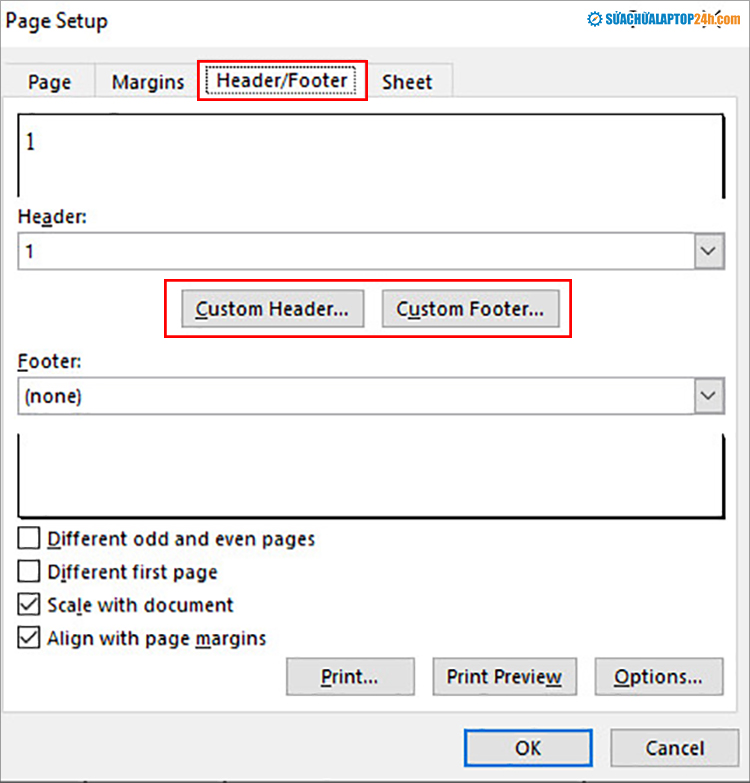 Chọn thẻ Header-Footer trong cửa sổ Page Setup
