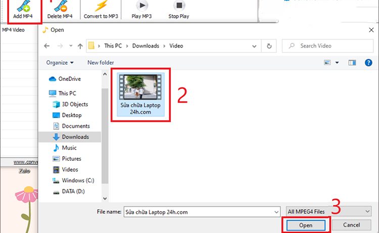 Chọn File MP4 và click Open