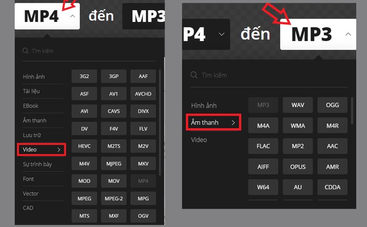 Tùy chọn dạng file video và âm thanh, tại đây chọn MP4 to MP3