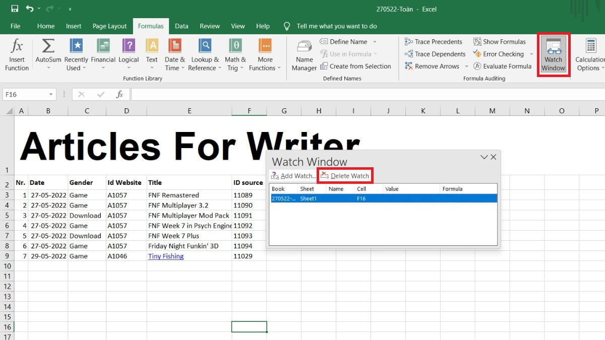 Xóa Watch Window để làm giảm kích cỡ file Excel