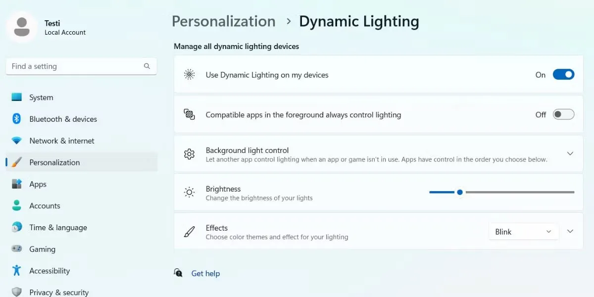 Bật tùy chọn Use Dynamic Lighting on my devices