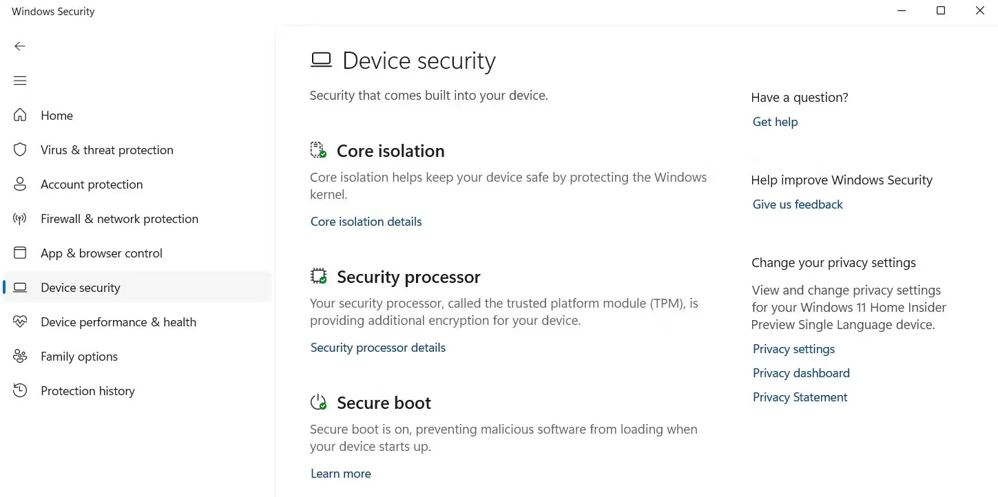 Security processor details trong Windows Security