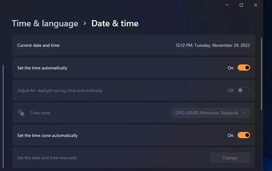 Tùy chọn Set time automatically trong Settings