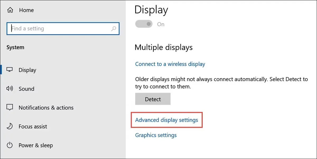 Advanced display settings trong cài đặt Display Windows 10