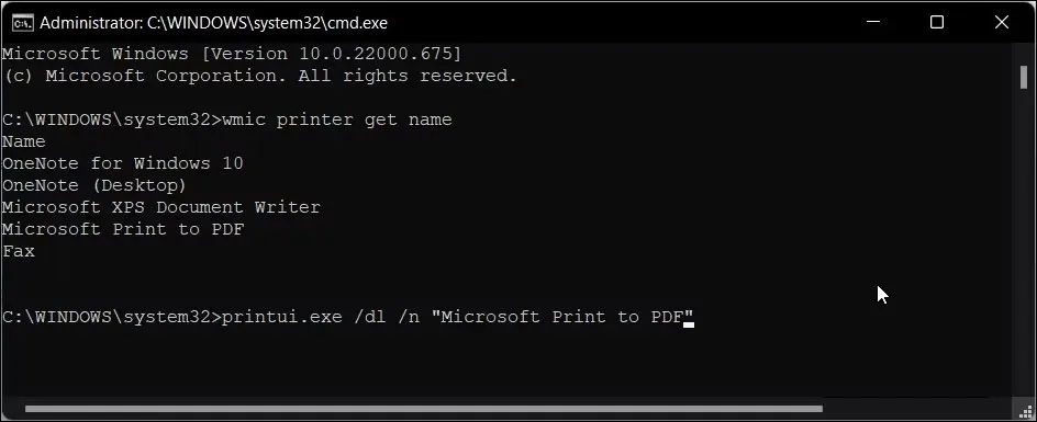 Command Prompt với lệnh xóa máy in trong Windows 11
