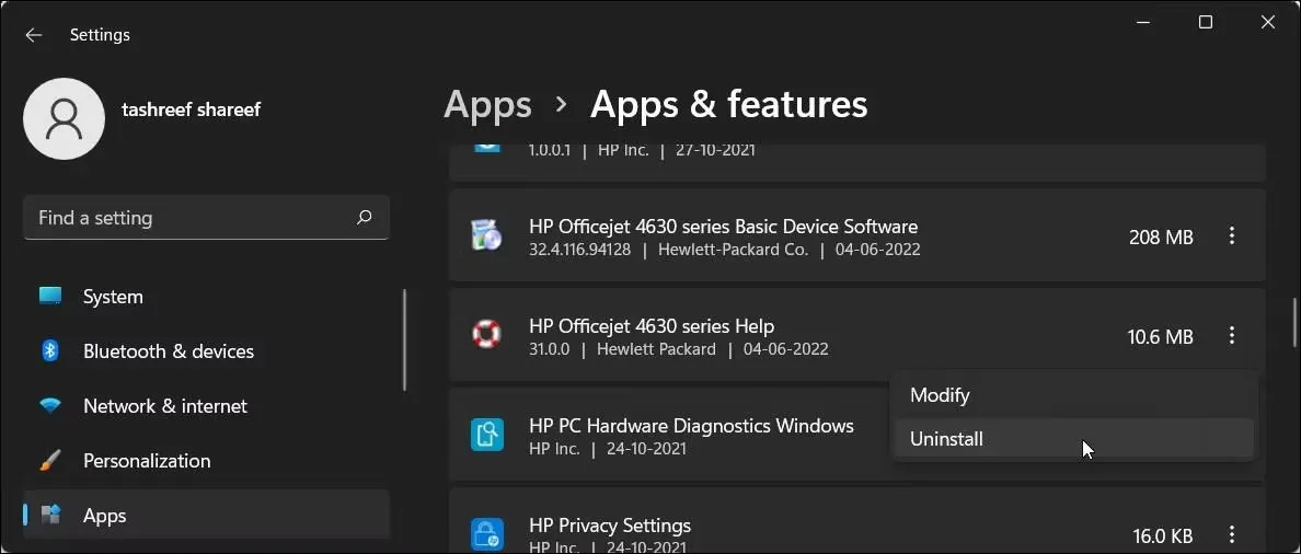 Xóa phần mềm máy in HP trong ứng dụng Settings Windows 11