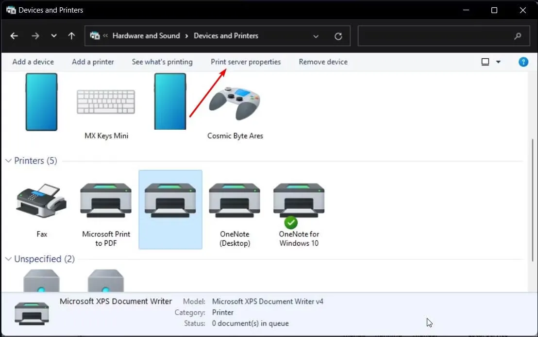 Tùy chọn Print Server Properties trong Control Panel Windows 11